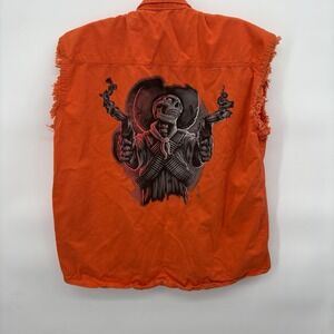 Gunslinger Skeleton‎ Motorcycle Shirt Mens Large Orange Denim Sleeveless Cotton